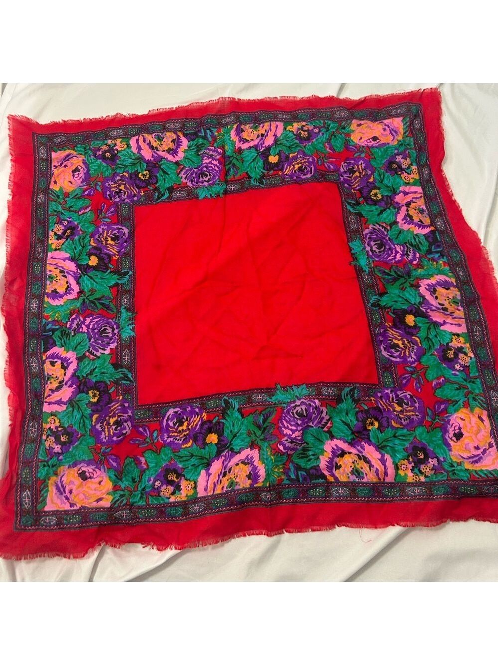 Vintage Challis By Berkshire Scarf Red Floral Fringe